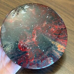 Elegant Galaxy Inspired Black and Red Acrylic Paint Pour Trinket Wood Organizer
